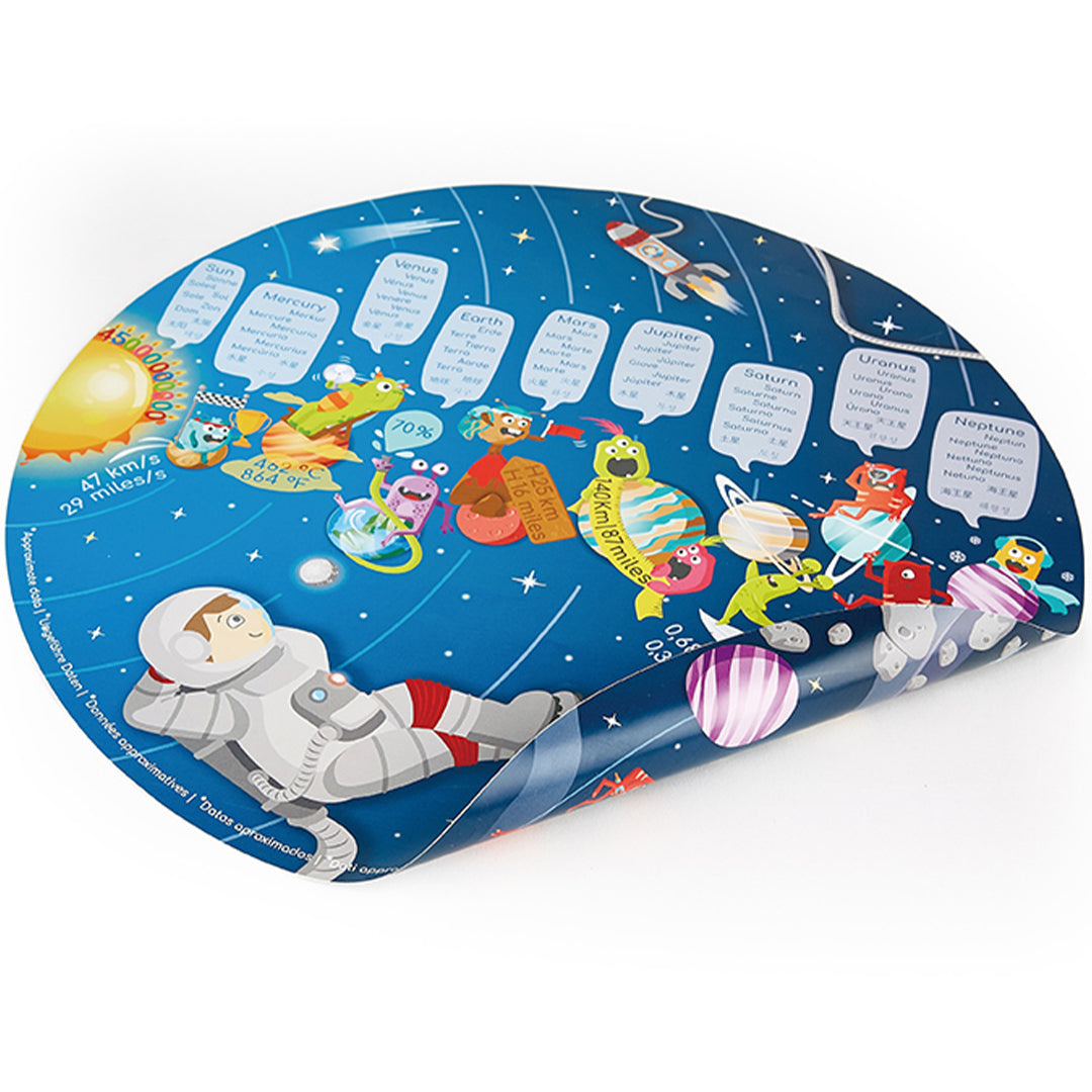 De achterkant van de Hape zonnestelsel legpuzzel met een infographic over het zonnestelsel.