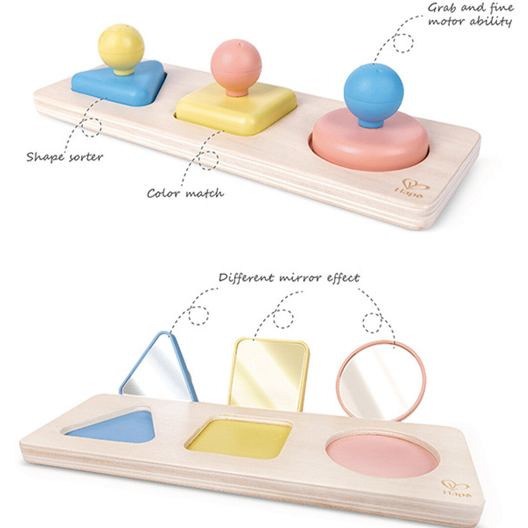 Infographic van de Hape houten vormenpuzzel met uitleg over de functies en spiegeldetails.