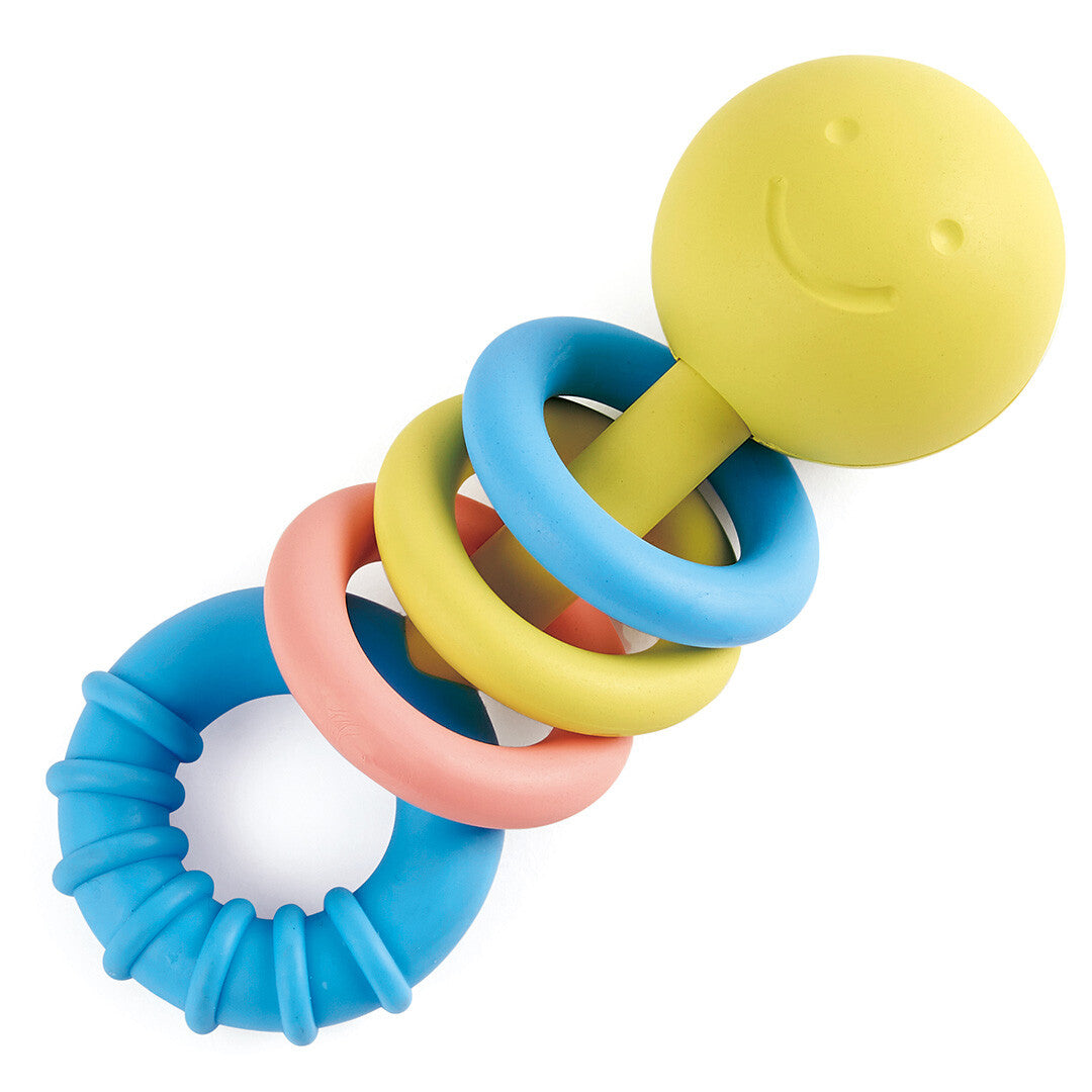 Hape rammelaar met gele smiley en gekleurde bijtringen.