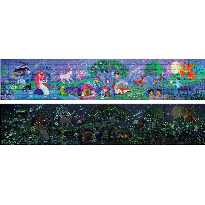 Hape vloerpuzzel 'Magic Forest' met een dag- en nachtweergave van een magisch bos met dieren en fantasiefiguren.