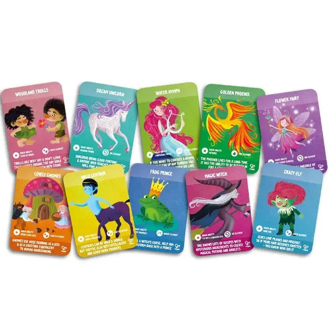 Tien geïllustreerde factcards met fantasiefiguren zoals eenhoorns, heksen en trollen, behorend bij de puzzel.