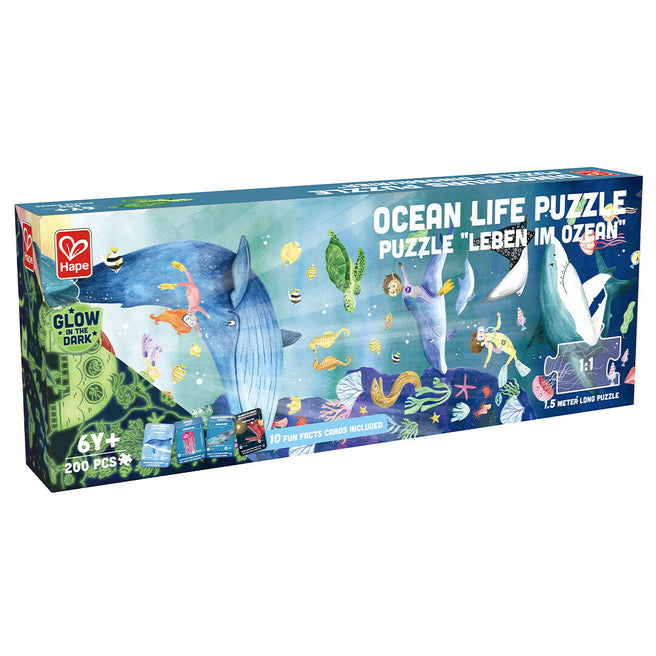 Hape vloerpuzzel oceaan verpakking met een kleurrijke afbeelding van zeedieren.