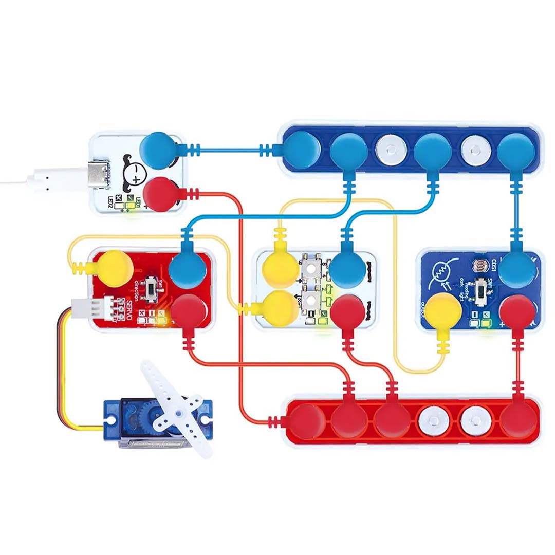 Infographic van een elektronisch circuit gebouwd met de Hape Labbox componenten.