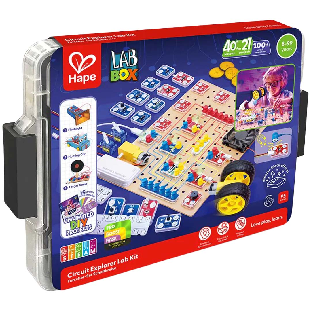 Verpakking van de Hape Labbox Circuit Explorer Lab Kit, een educatieve wetenschapsset.