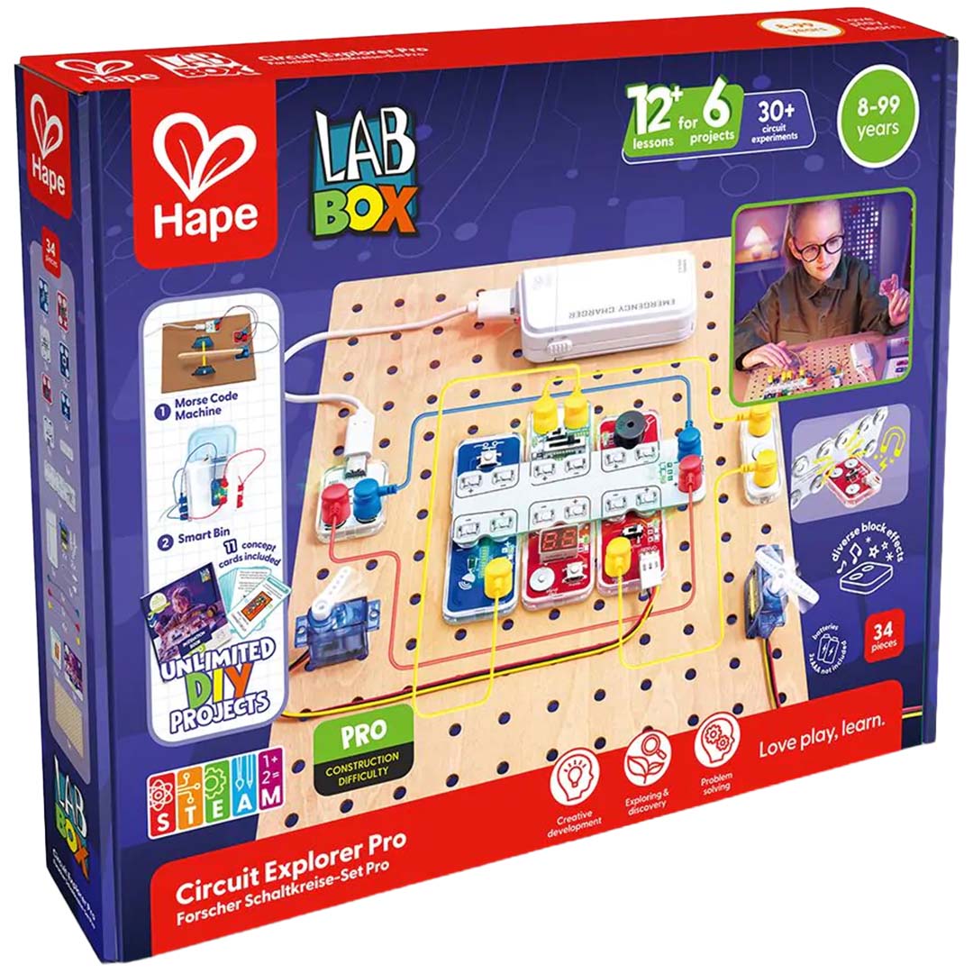 Verpakking van de Hape Lab Box Circuit Explorer Pro wetenschapsset.