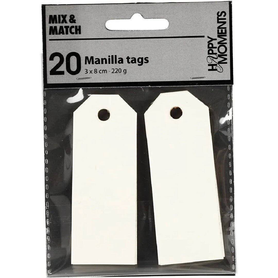De verpakking van 20 Happy Moments off-white cadeaulabels.