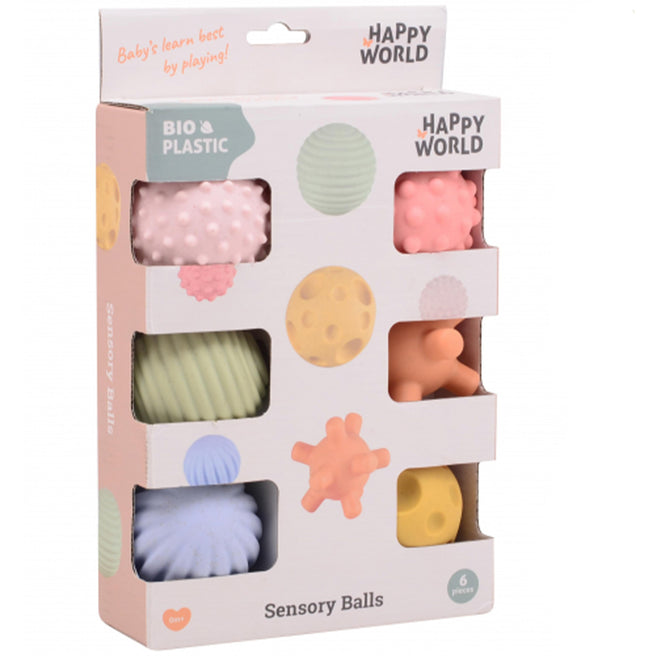 Verpakking van Happy World sensorische speelballen voor baby's, met zes verschillende gekleurde ballen met textuur.