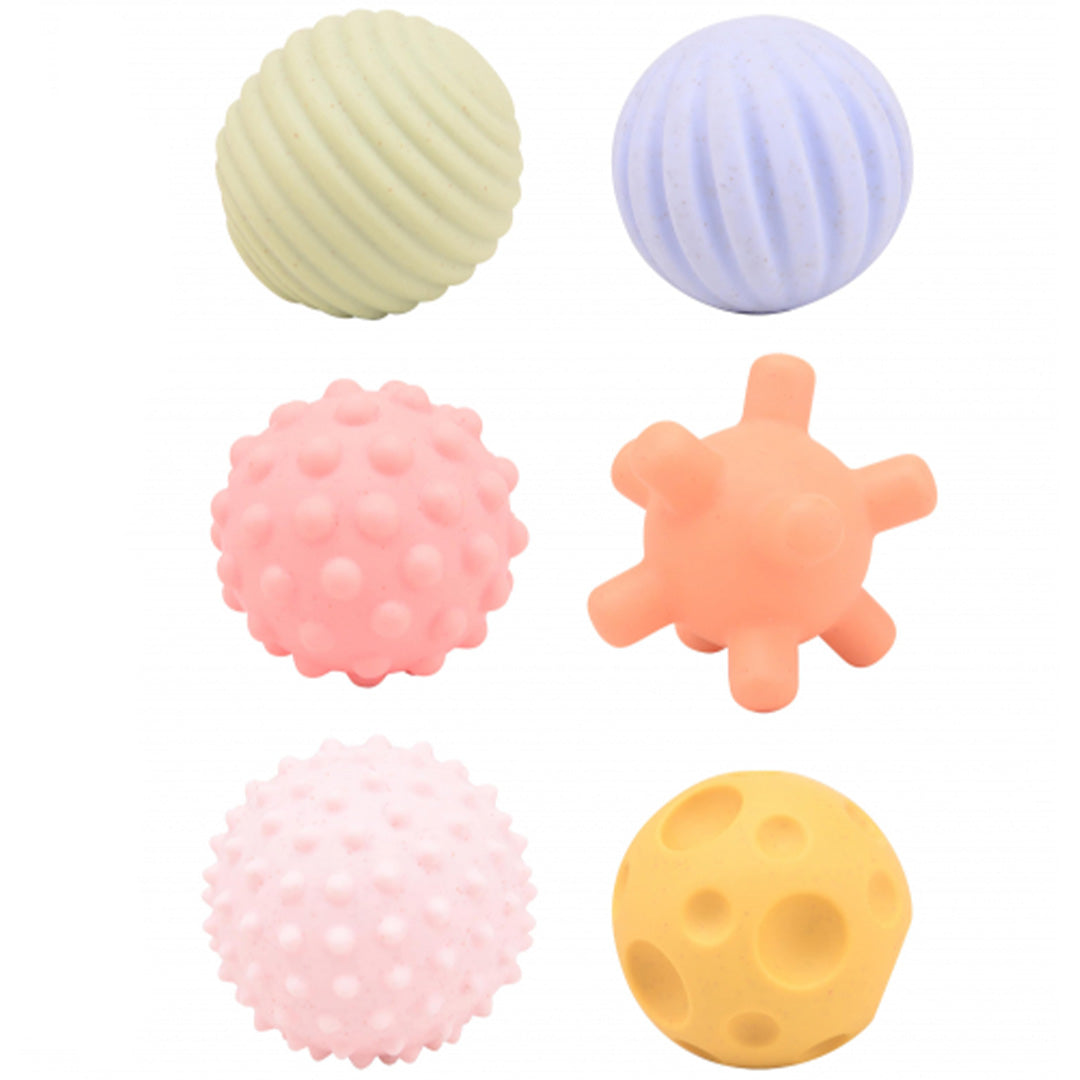 Zes Happy World sensorische speelballen voor baby's in verschillende kleuren en met diverse texturen.