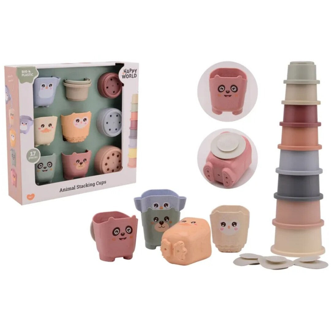 De verpakking en losse Johntoy Happy World stapelbekers met dierenfiguren voor peuters op een witte achtergrond.