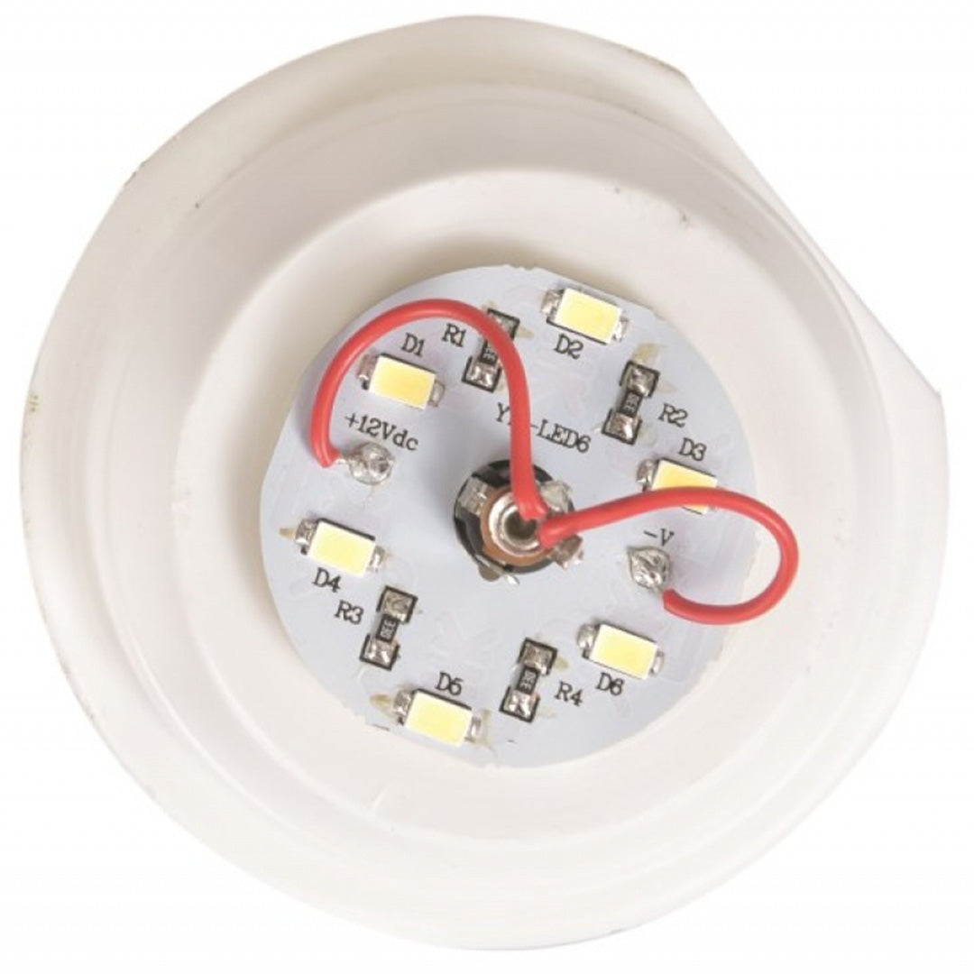 Onderkant van de paddenstoel nachtlamp met een printplaat en LED-lampjes.