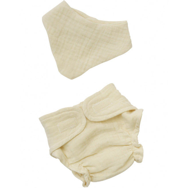 Heless poppenkleding set met een beige katoenen luier en een bijpassend slabbetje.