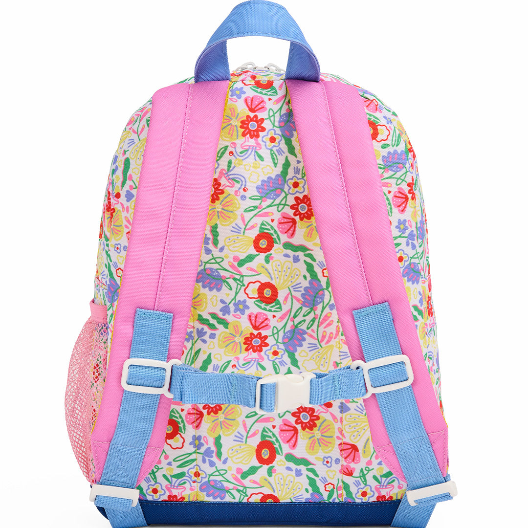 Achteraanzicht van de hello hossy kleuterrugzak 'garden party' met roze schouderbanden en verstelbare blauwe banden.