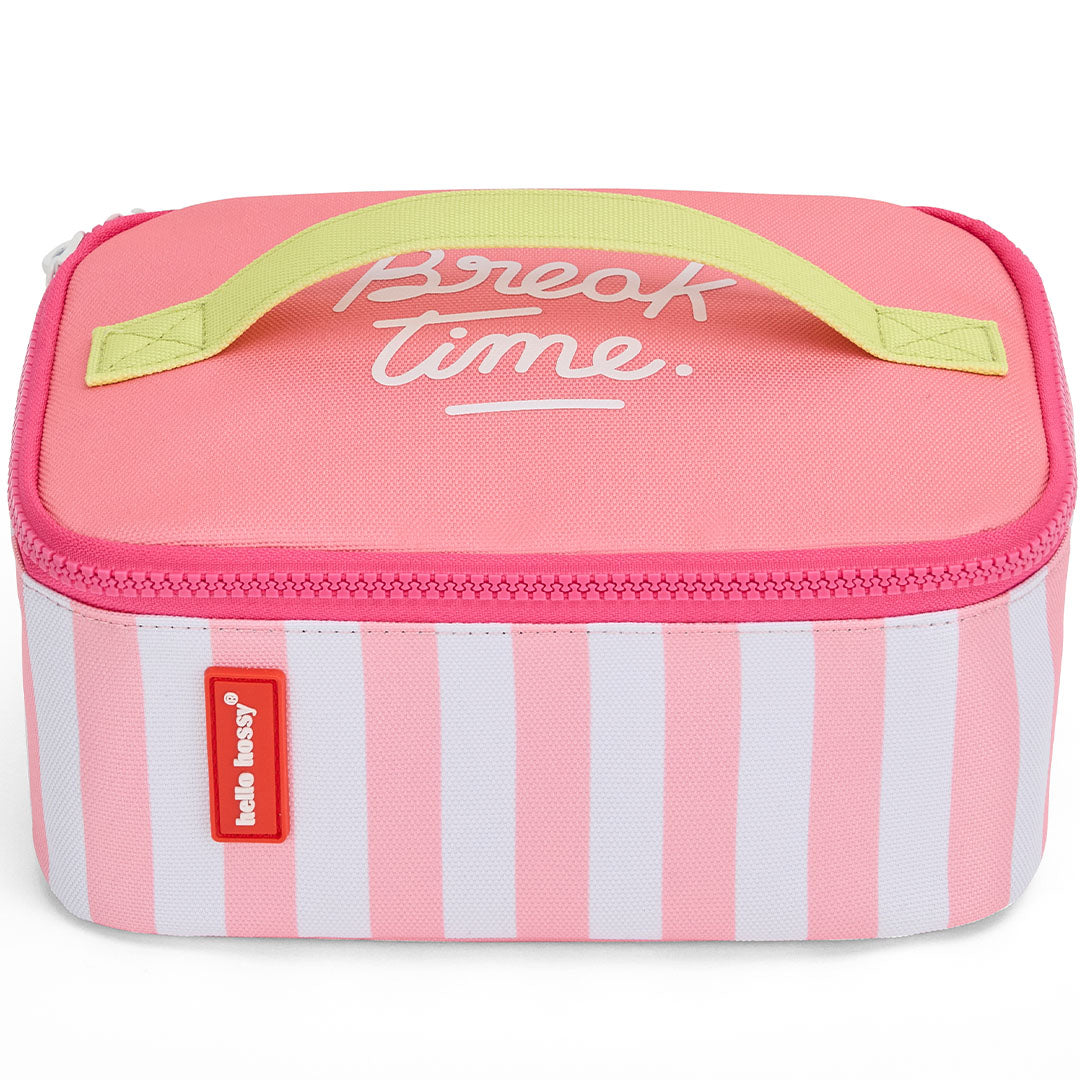 hello hossy lunchtas voor kinderen met roze en witte strepen en de tekst "Break time.".