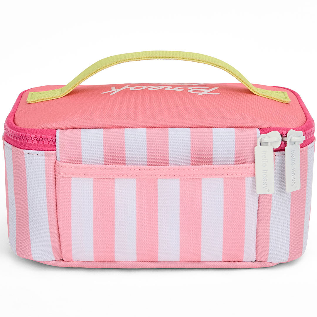 Achteraanzicht van de hello hossy lunchtas voor kinderen met roze en witte strepen en een klein vakje.