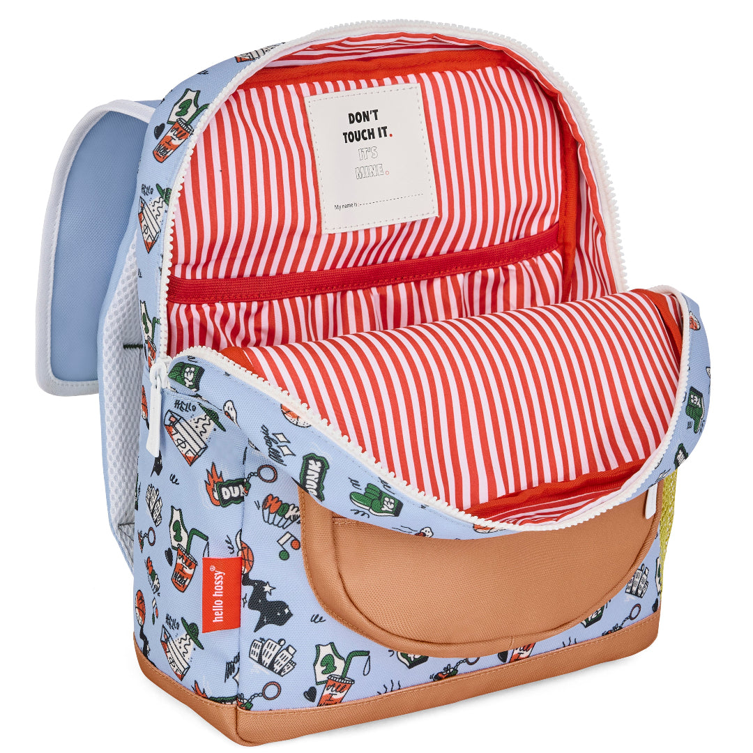 Open hello hossy schoolrugzak met 'dunk' patroon, met rood-wit gestreepte binnenvoering.
