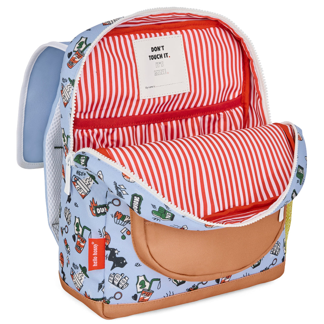 De hello hossy schoolrugzak Dunk met open hoofdvak, zichtbaar de rood-wit gestreepte voering.