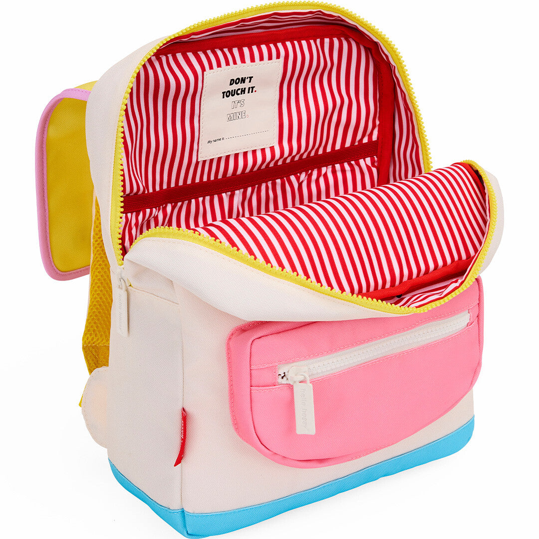 Hello Hossy schoolrugzak Sugar met open hoofdvak dat een rood-wit gestreepte voering toont.