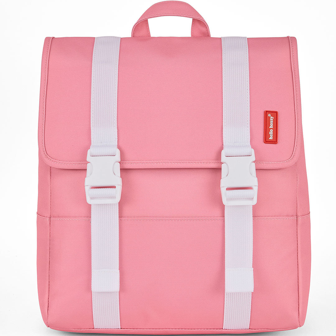hello hossy roze schoolrugzak met witte gespen, vooraanzicht.