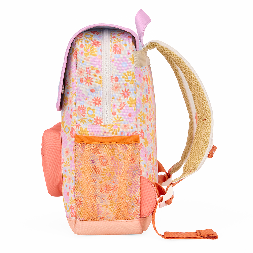 Rechterzijkant van de Hello Hossy schoolrugzak met retro bloemenpatroon, oranje mesh zijvak en gewatteerde schouderband.