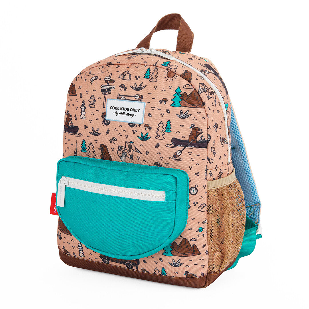 Hello Hossy kinderrugzak met beige 'road trip' patroon en turquoise voorvak.