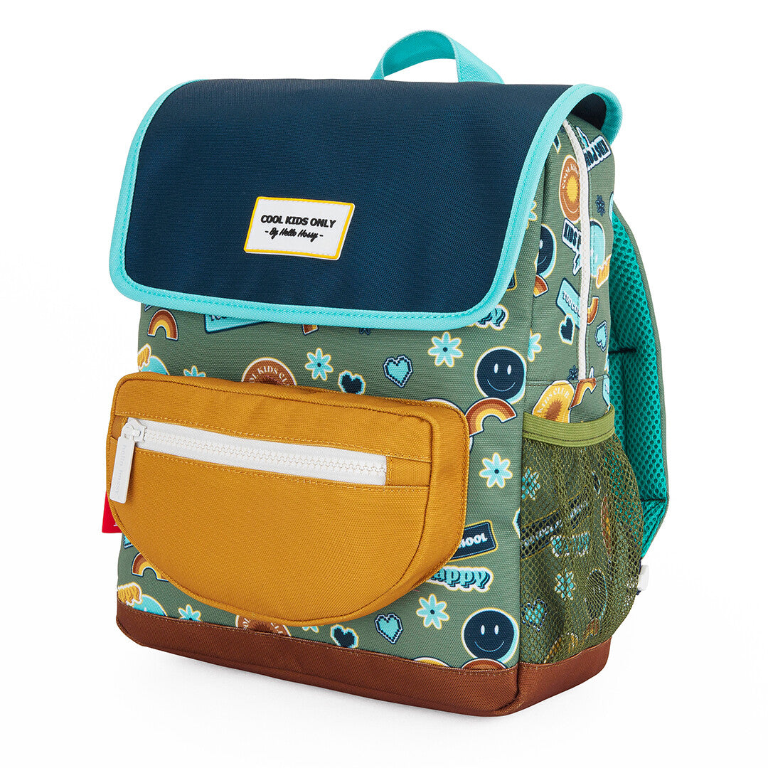 Hello Hossy schoolrugzak met smiley- en regenboogpatroon, donkerblauwe flap en gele voorzak.