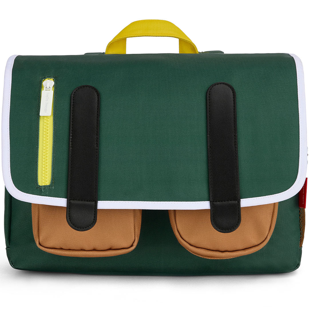 hello hossy groene schooltas met bruine voorvakken en gele rits.
