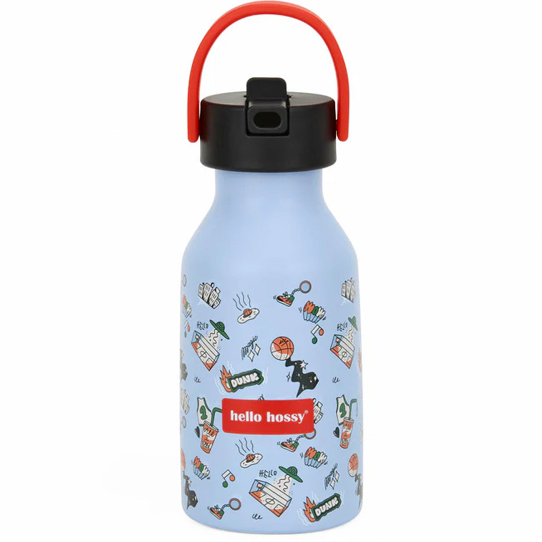 Hello Hossy blauwe thermosfles met figuren en tekst, met rode handgreep en zwarte dop.