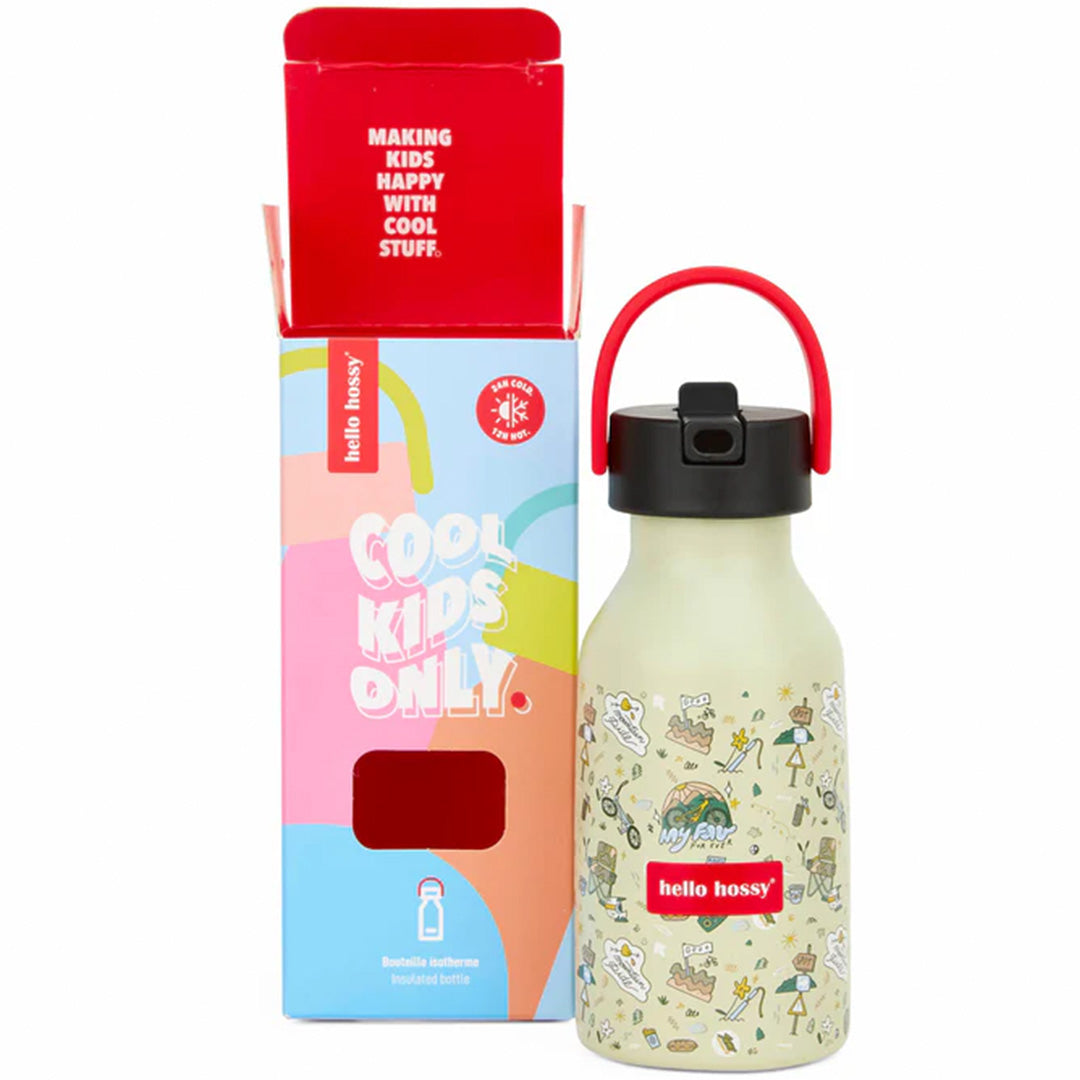 De Hello Hossy thermosfles met mountain ride figuren staat naast de open, kleurrijke verpakking.