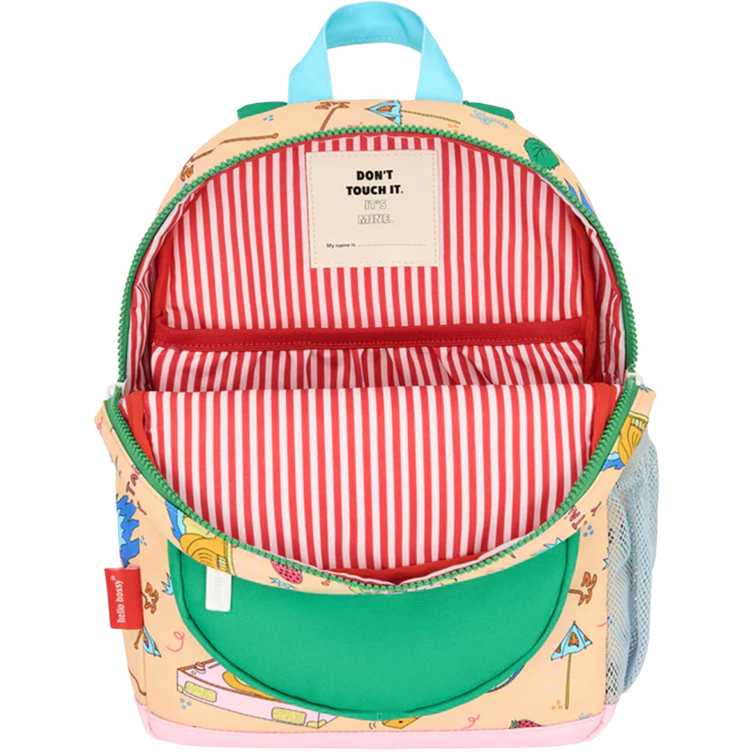 De open hello hossy schoolrugzak toont de rood-wit gestreepte binnenkant en naamlabel.