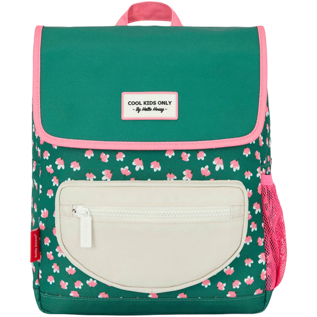 hello hossy kleuterrugzak met groen-roze bloemenpatroon en beige voorvak.