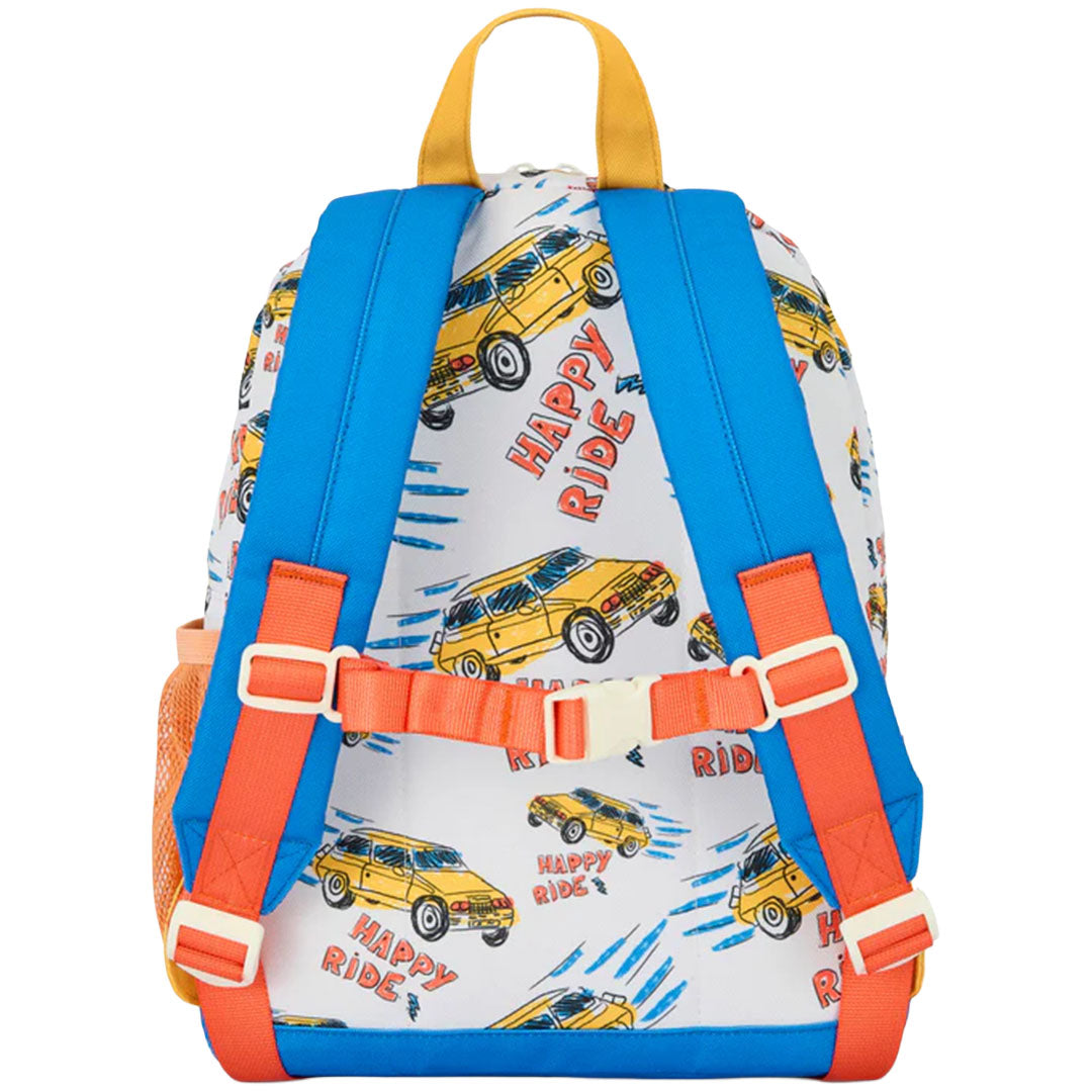 Achterkant van de Hello Hossy kleuterrugzak met blauwe verstelbare schouderbanden en een oranje borstband.