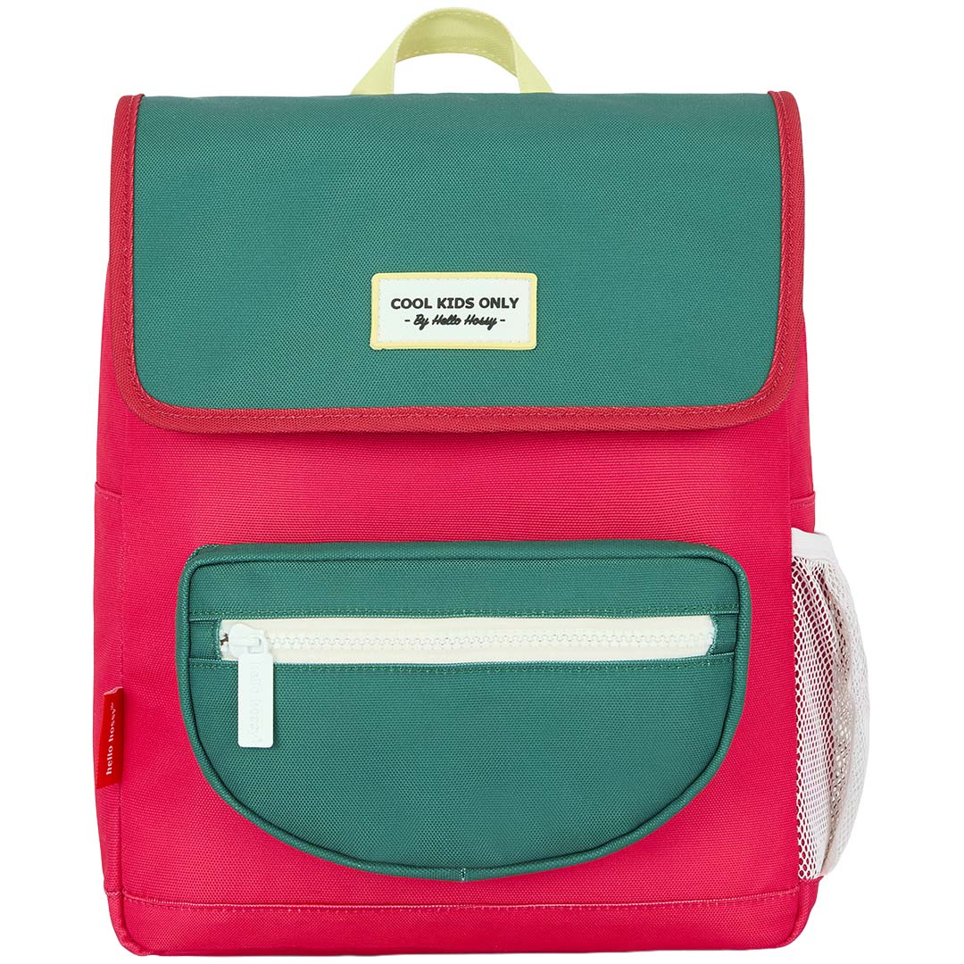 hello hossy kleuterrugzak in roze en groen met gele draaglus en tekst 'COOL KIDS ONLY' op de voorkant.