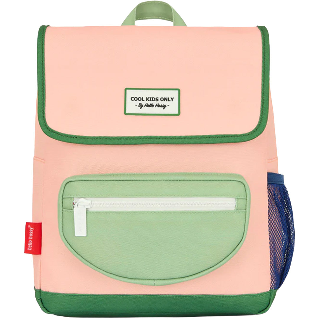 Hello Hossy kleuterrugzak in roze en groen, vooraanzicht.