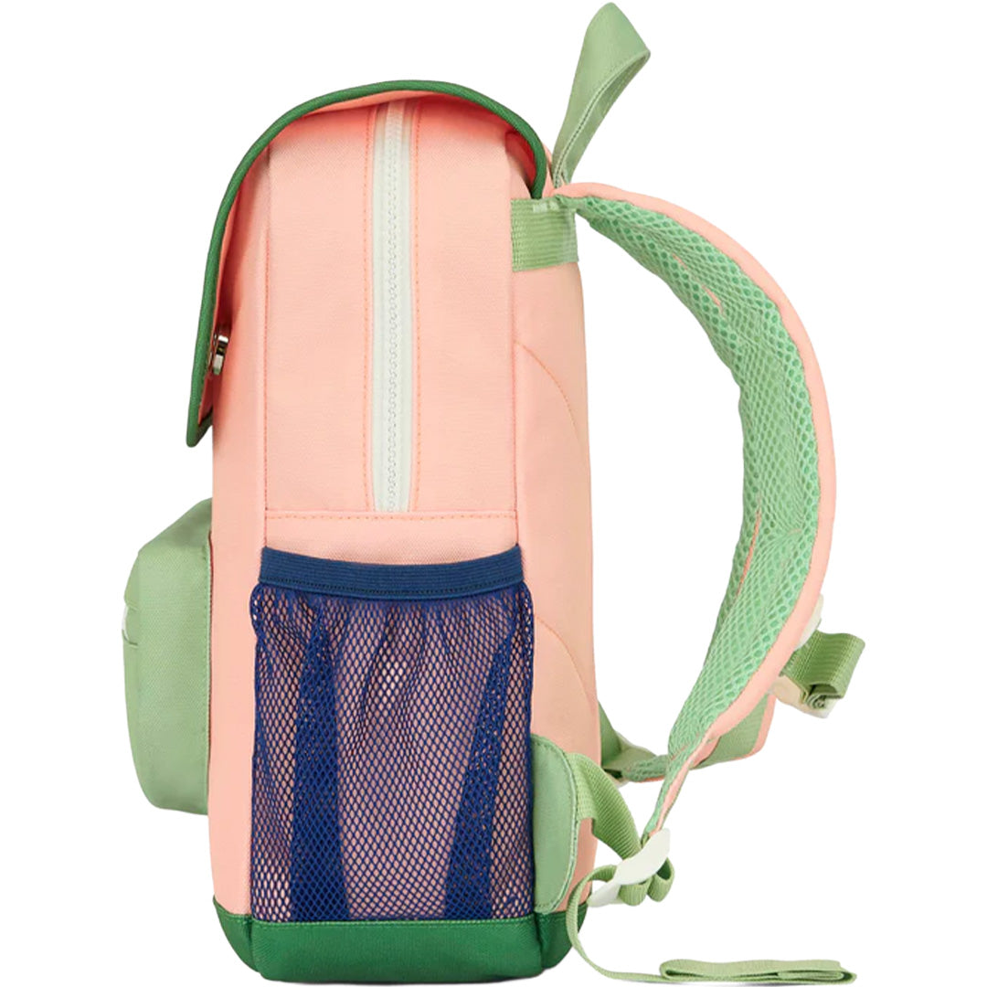 Hello Hossy kleuterrugzak in roze en groen, zijaanzicht met mesh zijvak.