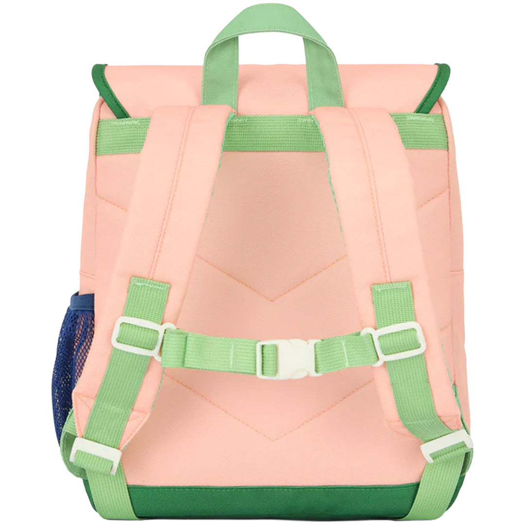 Hello Hossy kleuterrugzak in roze en groen, achteraanzicht met schouder- en borstbanden.