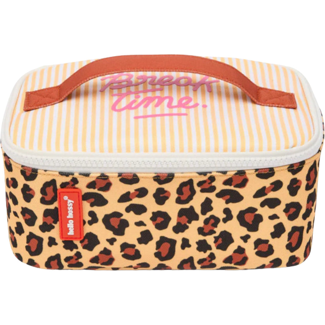 hello hossy kinder lunchtas met luipaardprint, gestreepte bovenkant en 'Break Time' tekst.