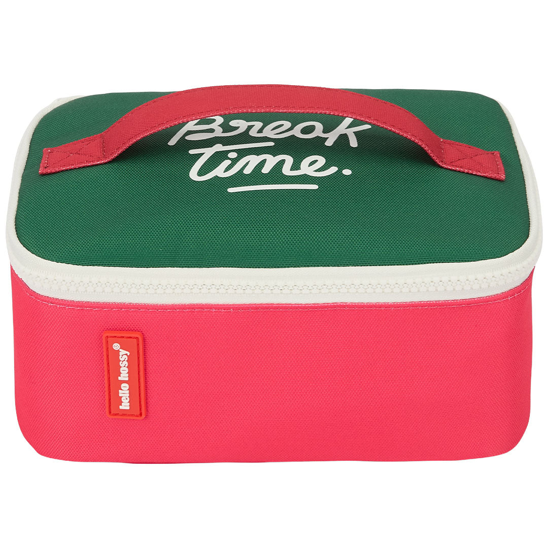 Hello Hossy mini lunchtas in rood en groen met 'Break time' tekst op de bovenkant.