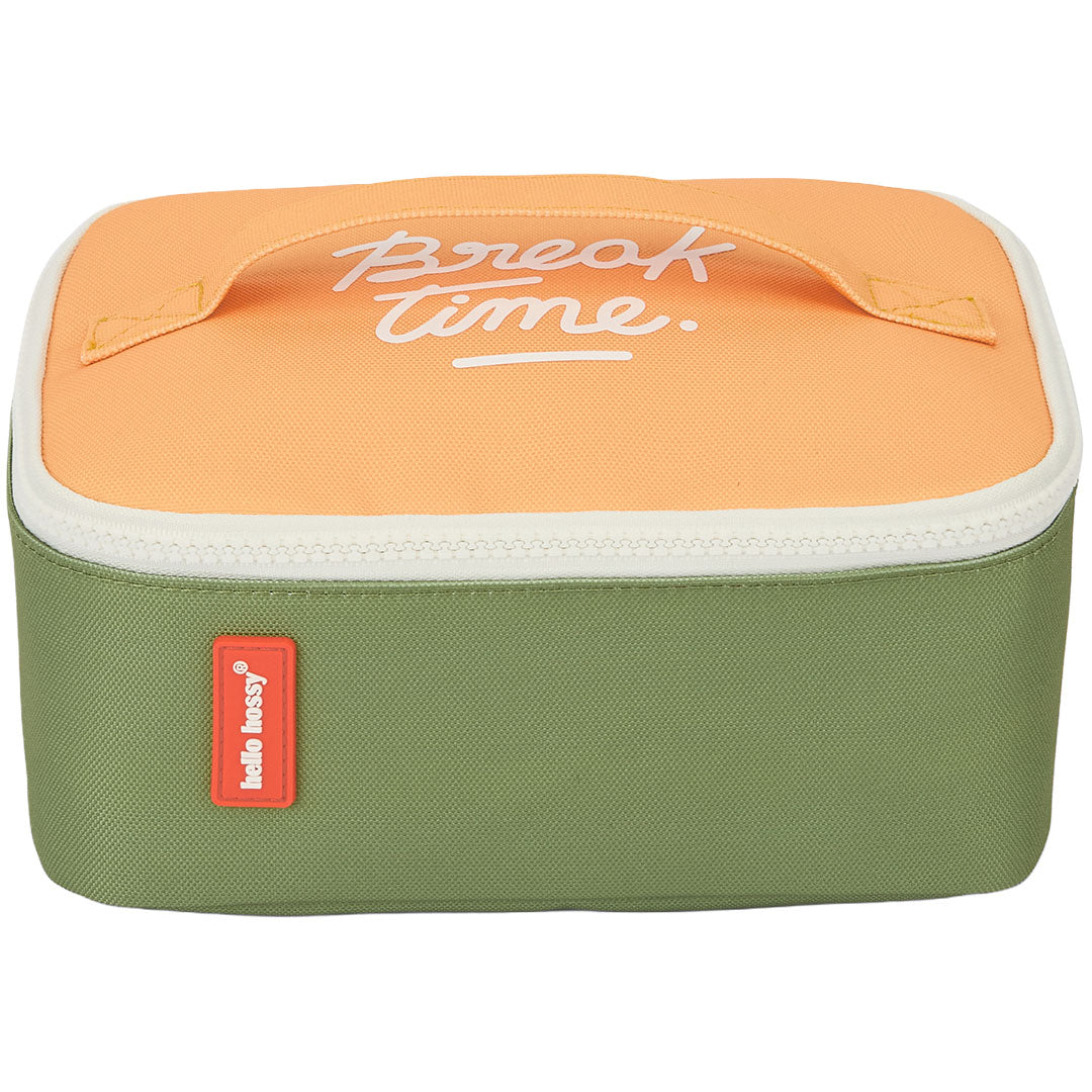 hello hossy kinderlunchtas in groen en oranje met de tekst "Break time." op de bovenkant.