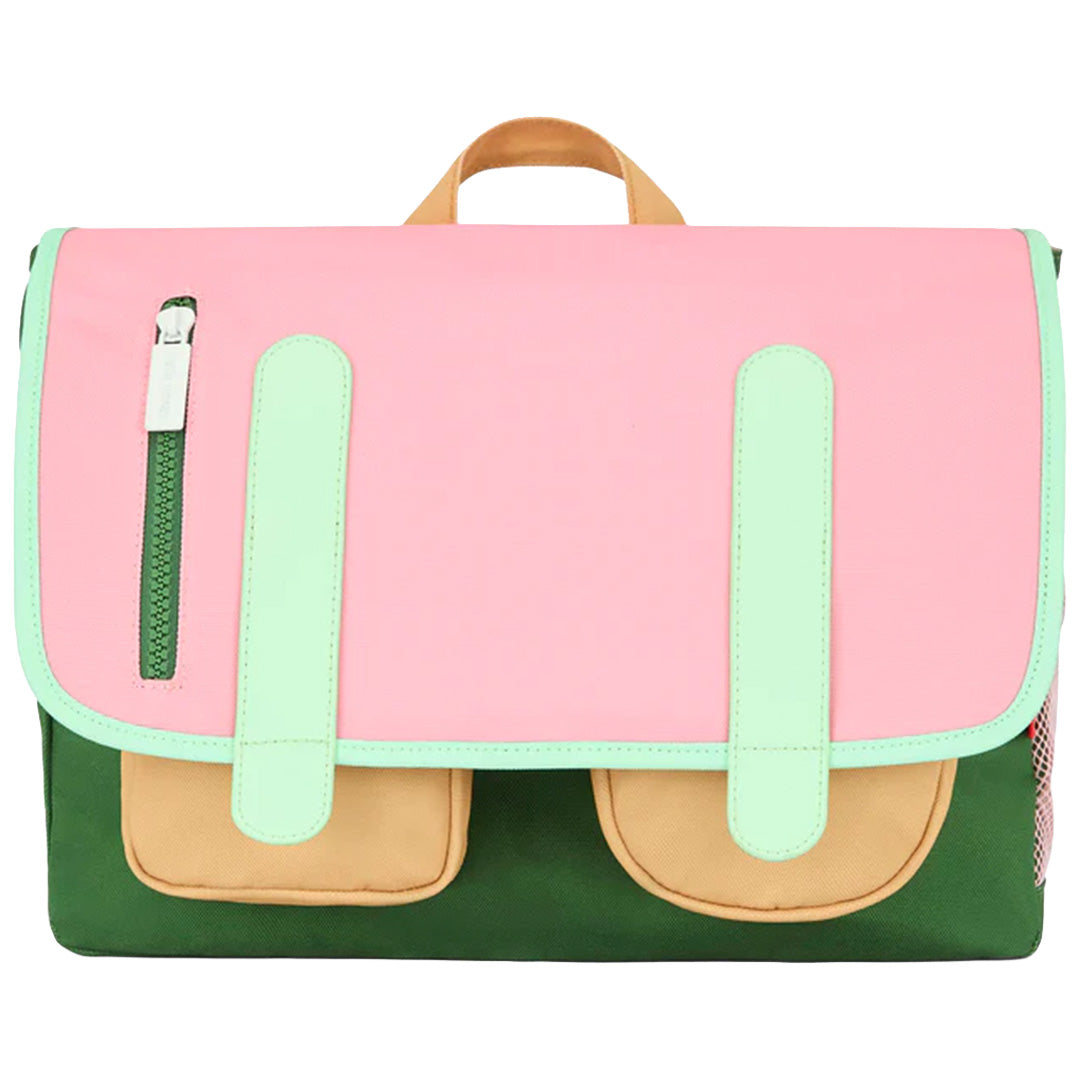 Hello Hossy schooltas in roze, groen en beige, met klep en voorvakken.