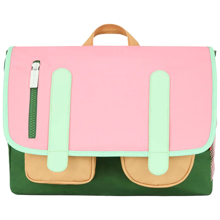 Hello Hossy schooltas in roze, groen en beige, met klep en voorvakken.