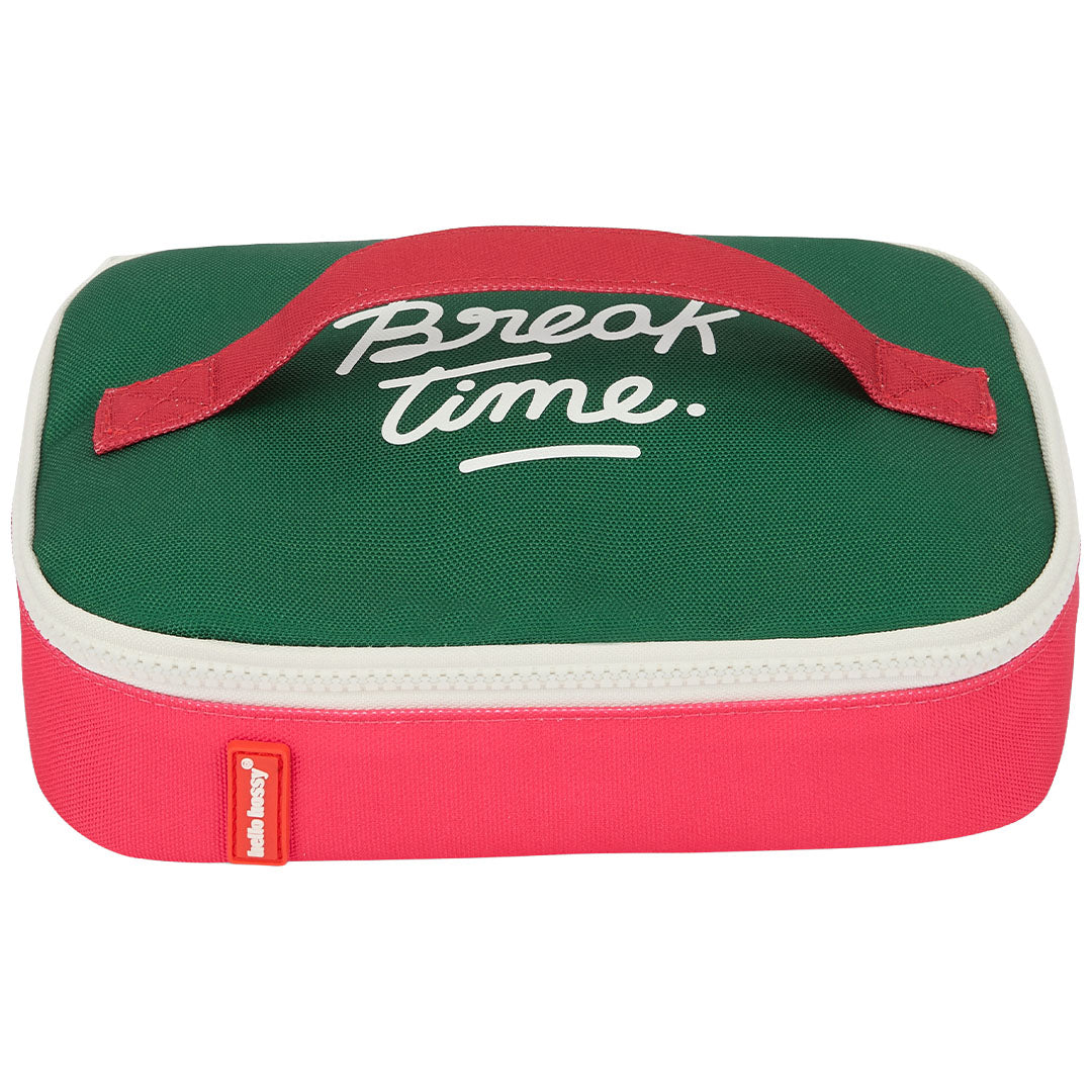 hello hossy snacktas voor kinderen met groene bovenkant, rode onderkant en de tekst "Break Time".