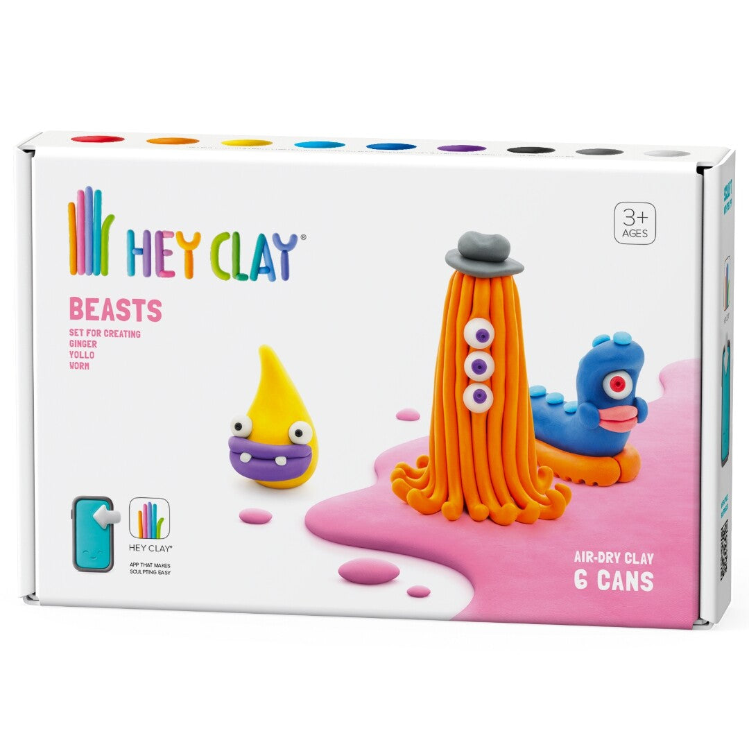 Hey Clay boetseerklei Beasts set verpakking met drie kleurrijke beestjes.