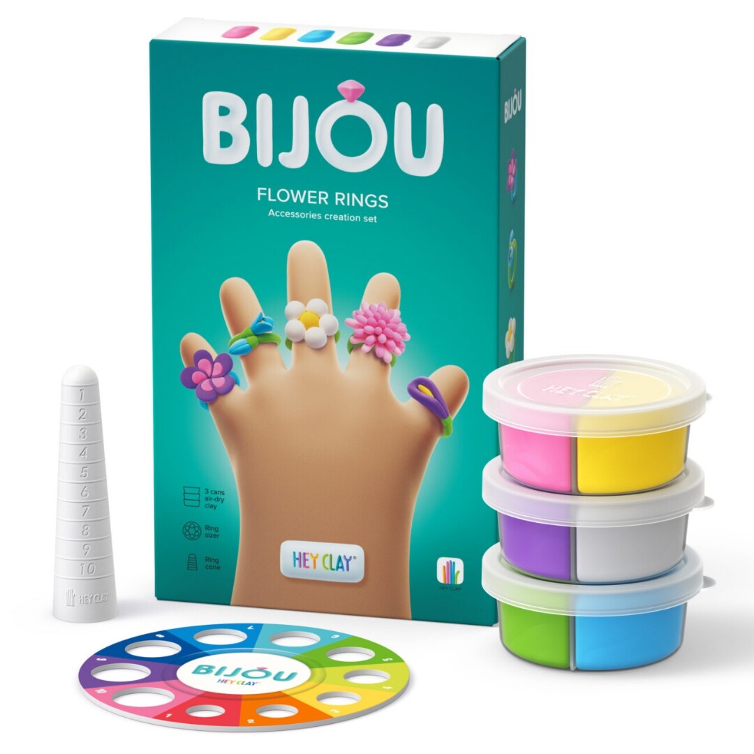 Hey Clay Bijou Flower Rings boetseerklei set met verpakking, kleipotjes, ringenmal en instructies.
