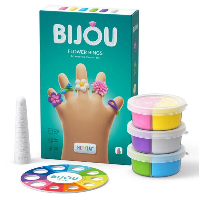 Hey Clay Bijou Flower Rings boetseerklei set met verpakking, kleipotjes, ringenmal en instructies.