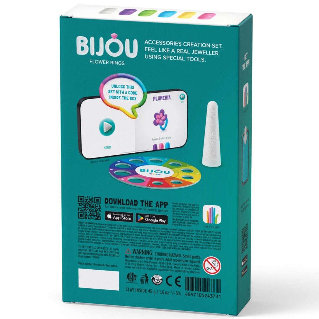 Achterkant van de Hey Clay Bijou Flower Rings boetseerklei set verpakking met app-instructies en productinformatie.