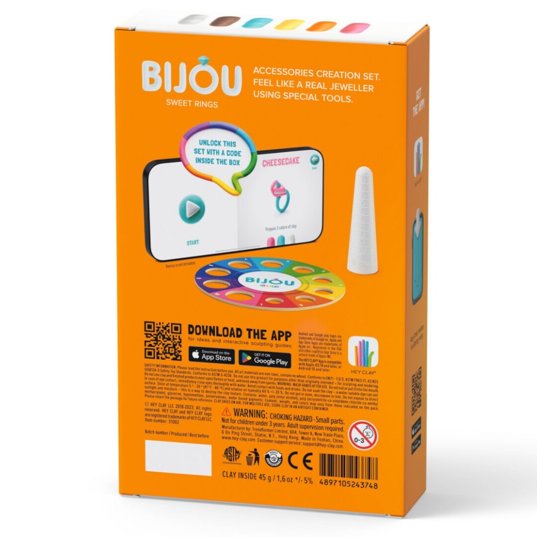 De achterkant van de Hey Clay Bijou Sweet Rings boetseerklei set verpakking met app-informatie en waarschuwingen.