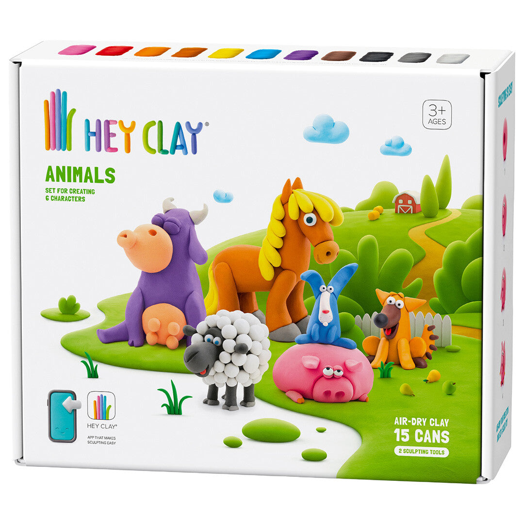 Hey Clay boetseerklei set voor boerderijdieren, met een afbeelding van de gemaakte dieren op de verpakking.
