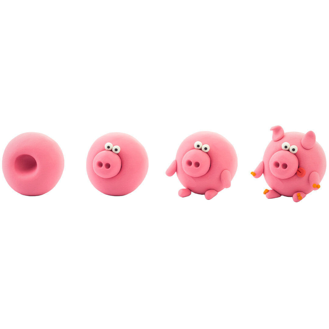 Vier stappen die laten zien hoe je een roze varken boetseert van klei.