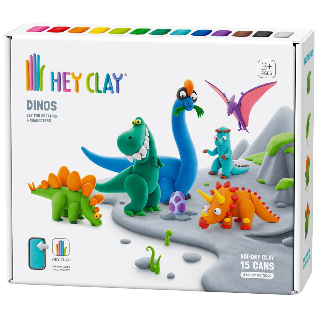 Hey Clay boetseerklei-set Dinos verpakking met afbeelding van zes kleurrijke klei-dino's en een ei.