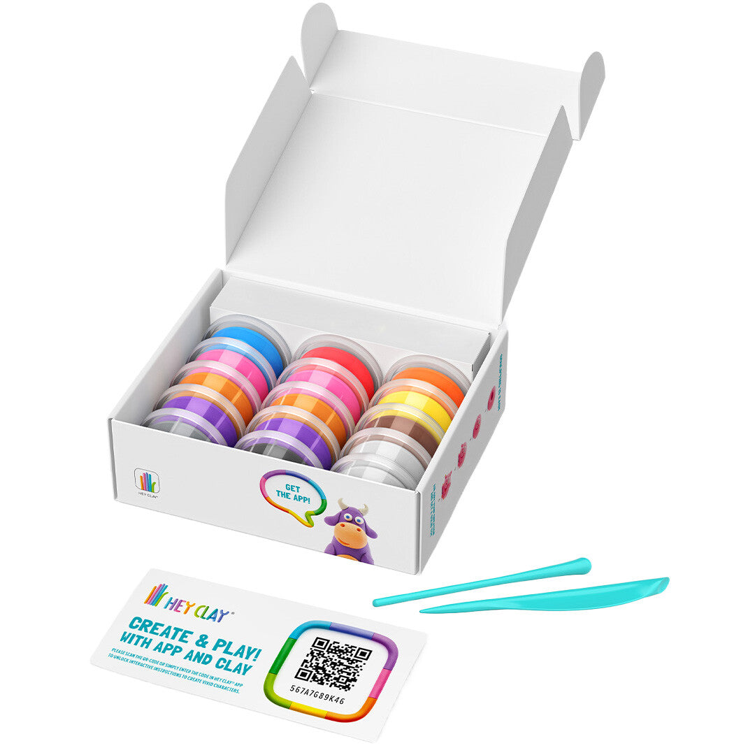 Open Hey Clay boetseerklei-set verpakking met potjes klei, twee boetseergereedschappen en een instructiekaart.